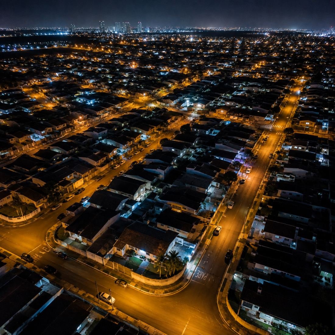 Vista aérea noturna de bairro residencial com pontos de luz conectados representando a rede de câmeras